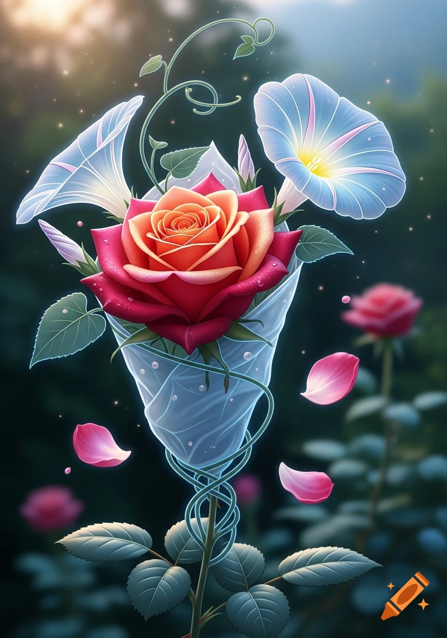 A vibrant red and orange rose in a glowing translucent wrap with blue morning glories and pink petals.