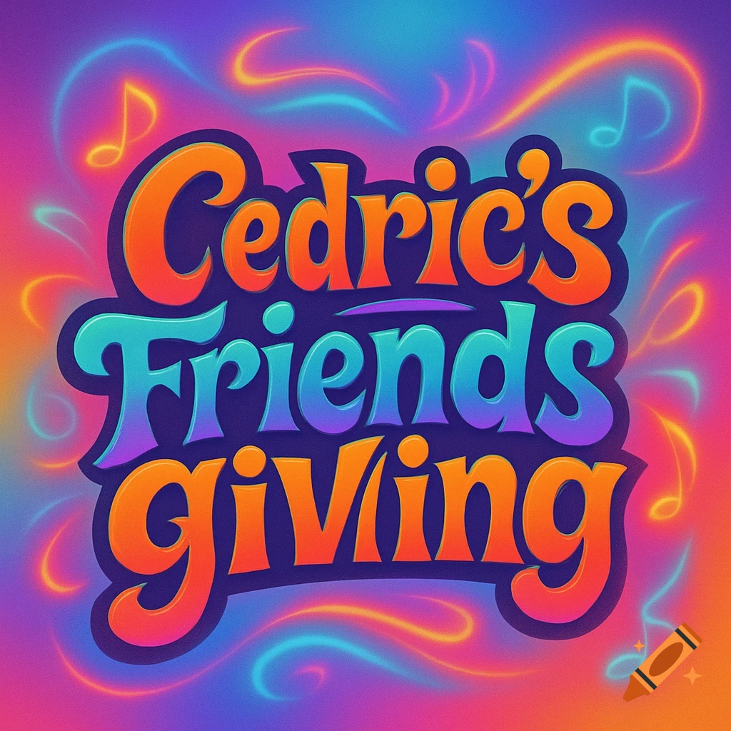 Stylized graphic design with 'Cedric's Friendsgiving' in bright orange and blue bubble letters, surrounded by neon swirls and musical notes.