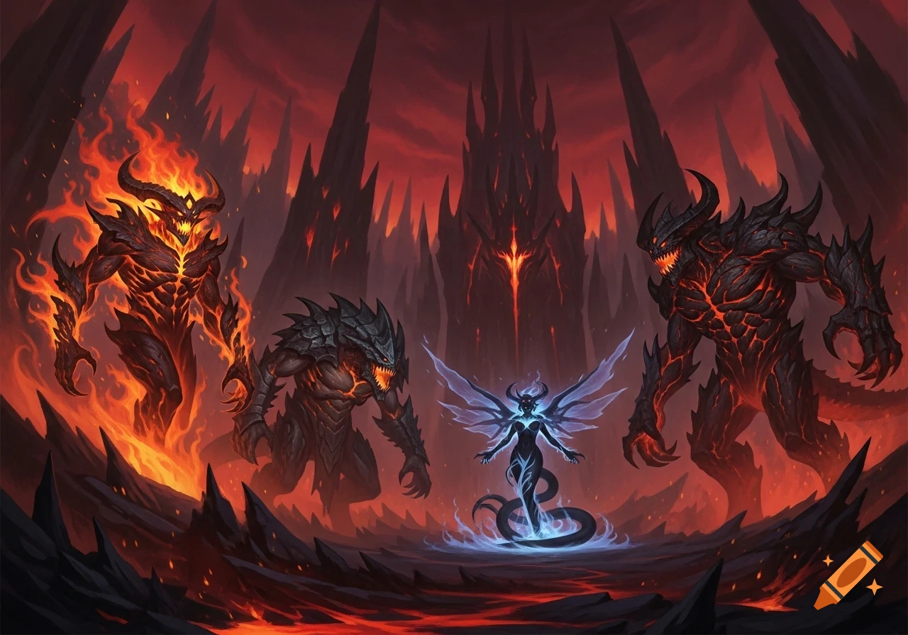 Four monstrous demons, one a fiery horned figure, another a spiky creature, surround a glowing winged figure in a hellish landscape.