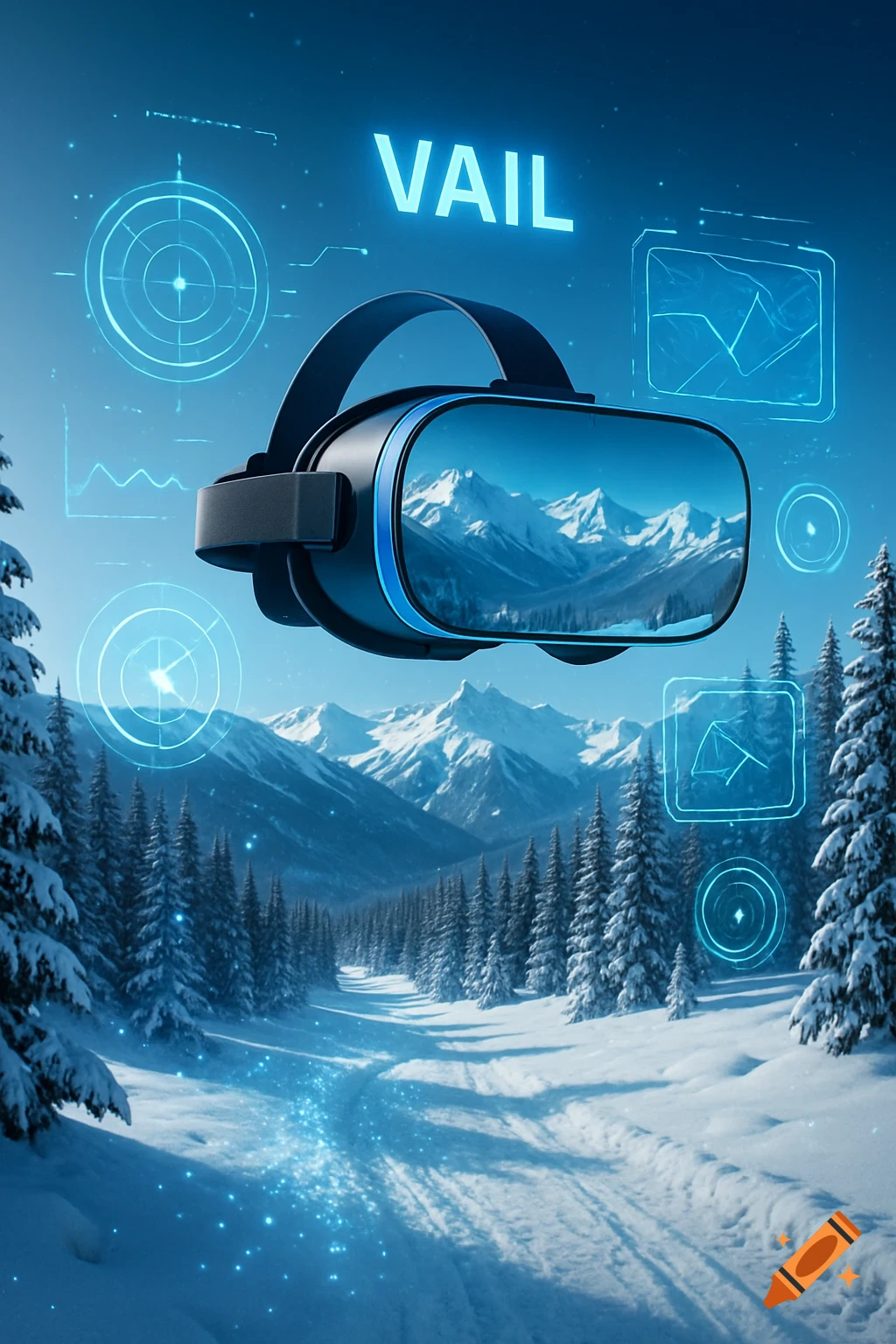 A VR headset floats over a snowy mountain landscape, displaying the same scene, with glowing 'VAIL' text and holographic UI.
