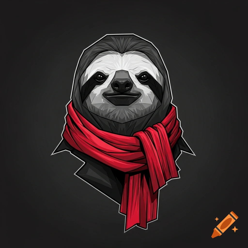 A geometric sketch illustration of a sloth wearing a red scarf against a dark background.