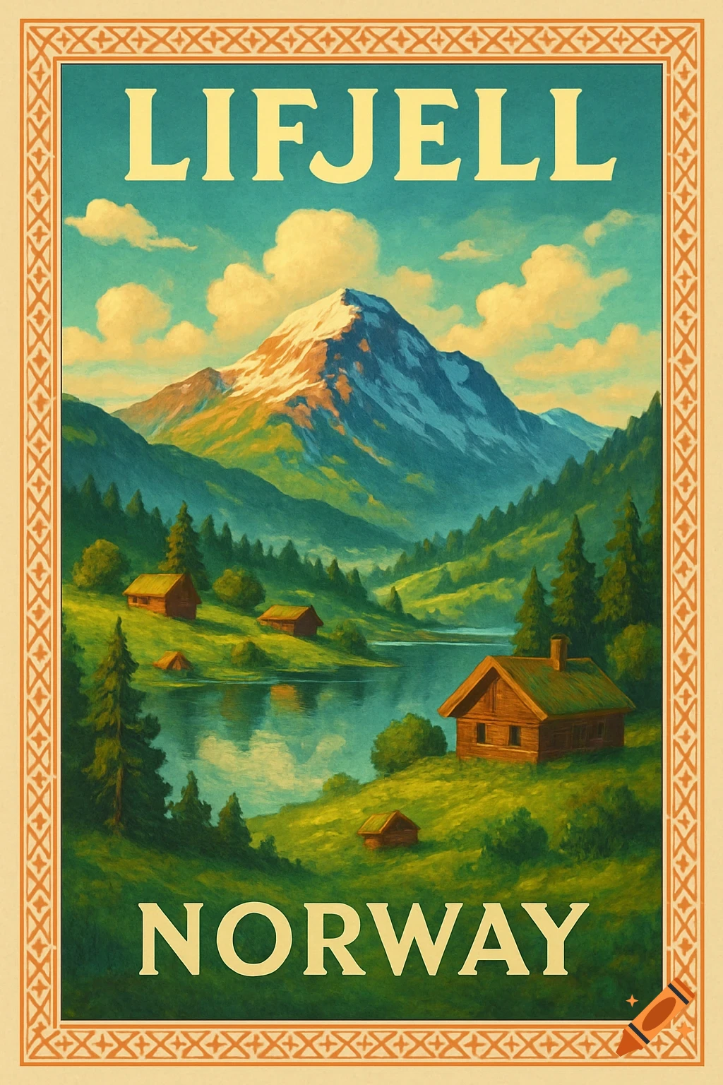 Vintage travel poster for Lifjell, Norway, depicting a snow-capped mountain, lake, and cabins in a green valley.