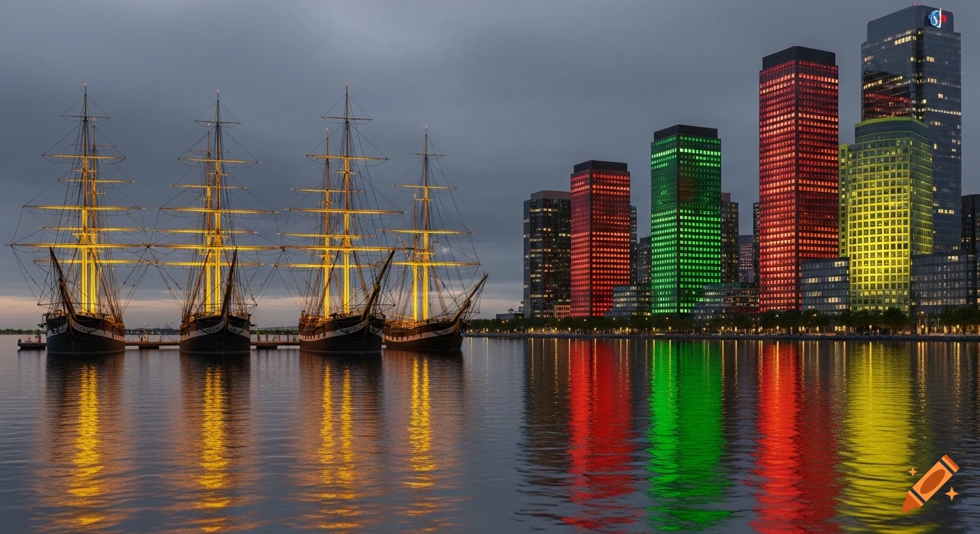 A serene waterfront at dusk, with three tall ships docked on the left, their golden lights reflecting on the calm water. Modern city skyscrapers lit in red, green, and yellow stand on the right, also reflecting vibrantly on the water under a gray sky.