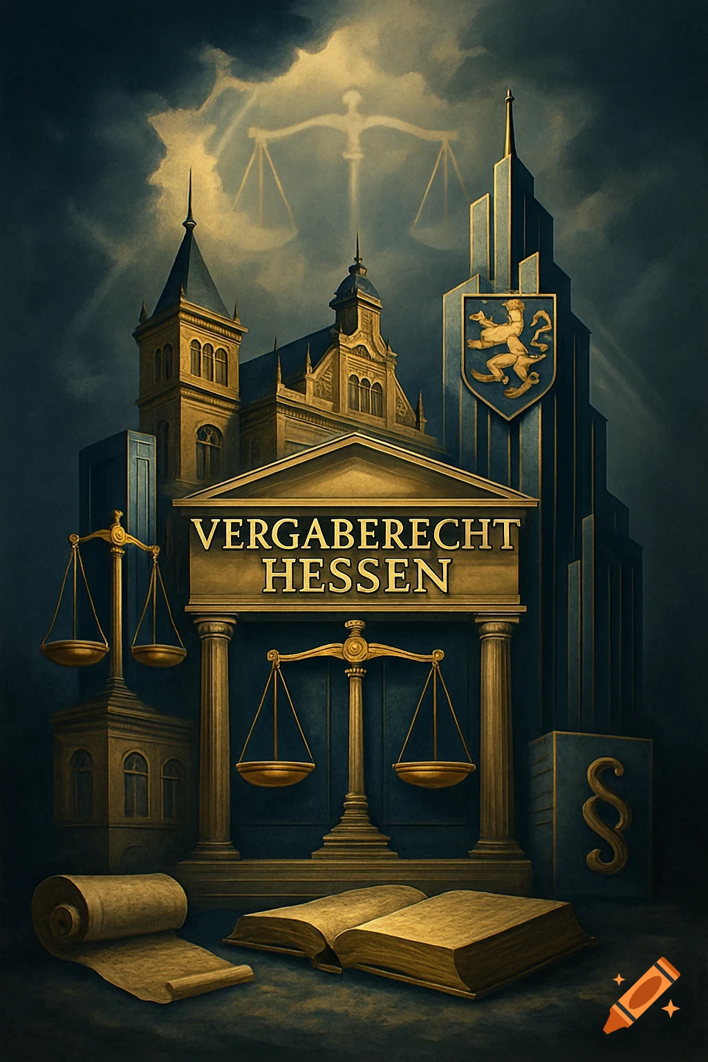 A stylized illustration of legal themes, featuring scales of justice, law books, grand buildings, and a crest, with "VERGABERECHT HESSEN" written on a building.