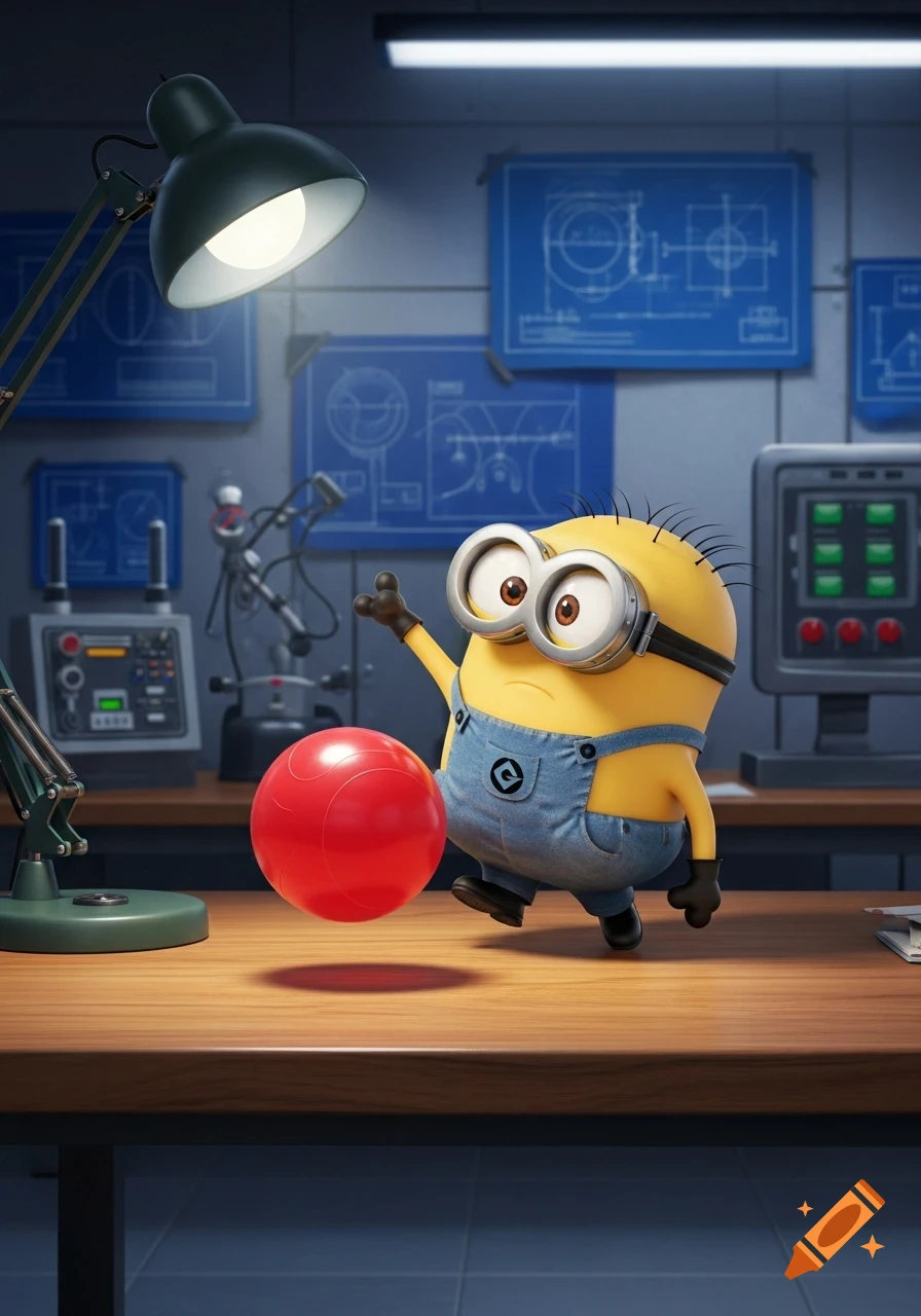 A 3D animated Minion in overalls bouncing a red ball on a wooden table in a science lab.