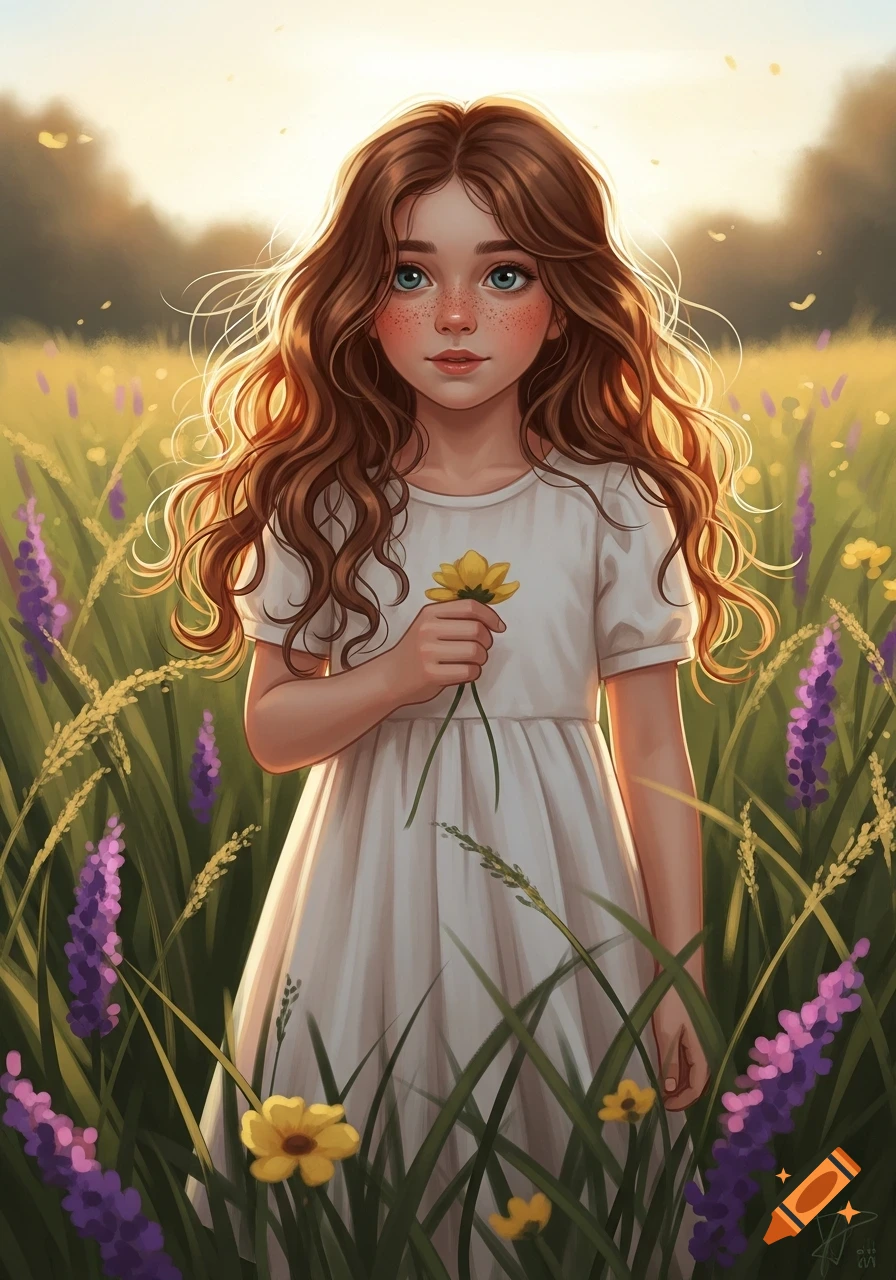 A whimsical portrait of a young girl with long wavy brown hair and ...