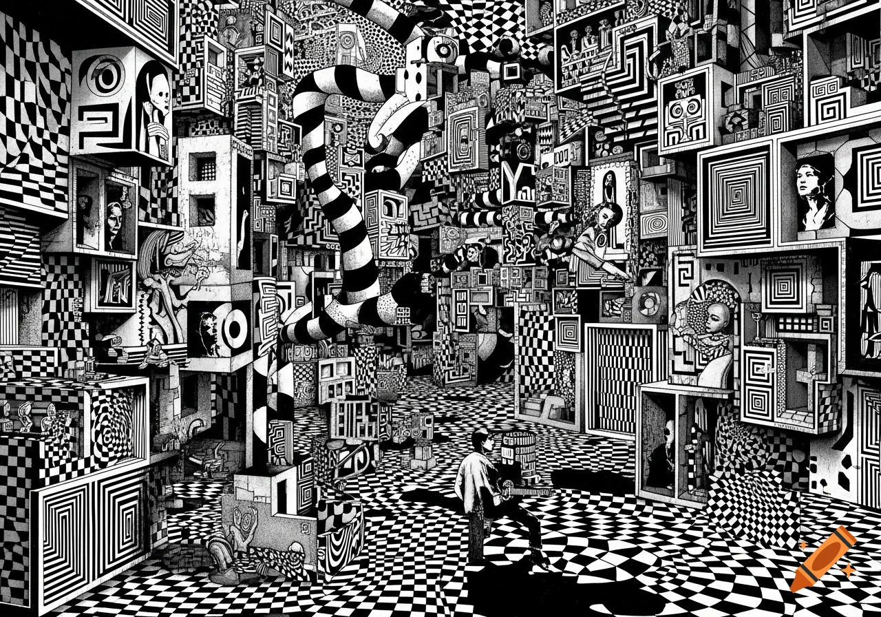 Black and white M.C. Escher-inspired optical illusion with geometric patterns, surreal structures, and abstract figures, featuring a person in a complex urban landscape.
