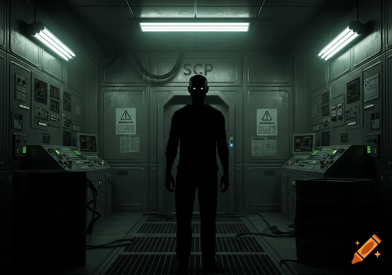 A shadowy figure with glowing white eyes stands in a dimly lit, high ...