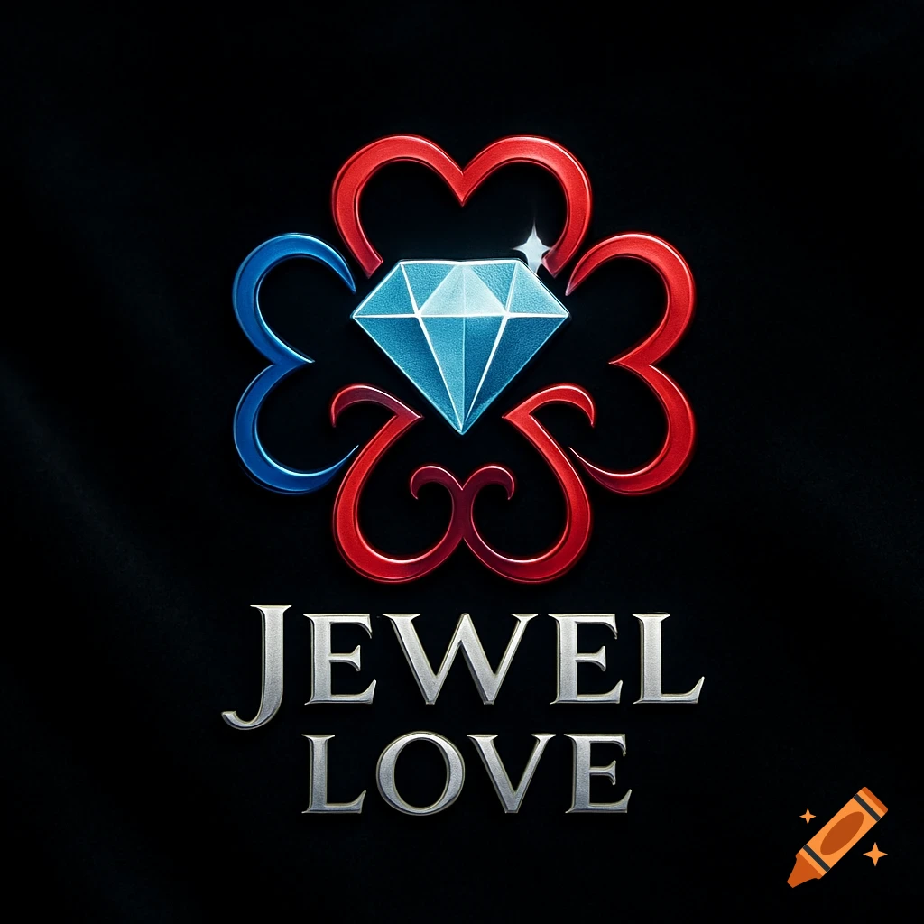 A logo with a blue diamond surrounded by red and blue stylized heart shapes, with the words 'JEWEL LOVE' in silver on a black background.
