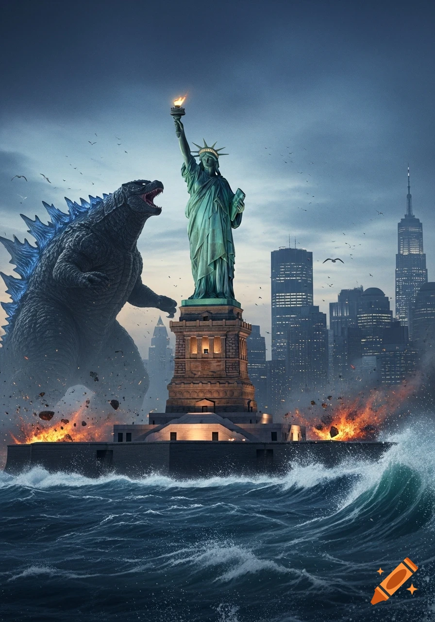 Godzilla roars at the Statue of Liberty amid a fiery, turbulent New York City seascape at dusk.