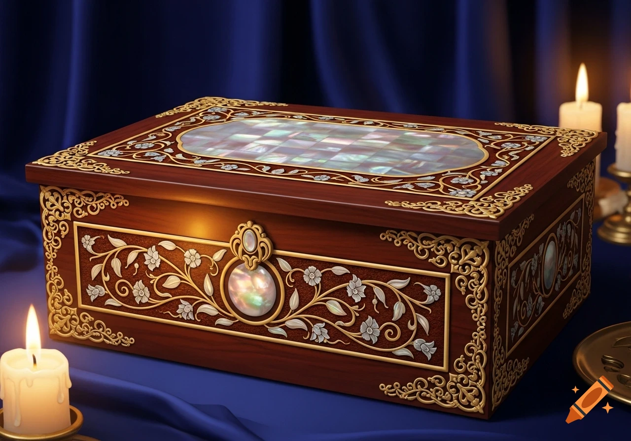 An ornate wooden box with gold and mother-of-pearl inlay, lit by candles, resting on a draped blue fabric. Photorealistic.