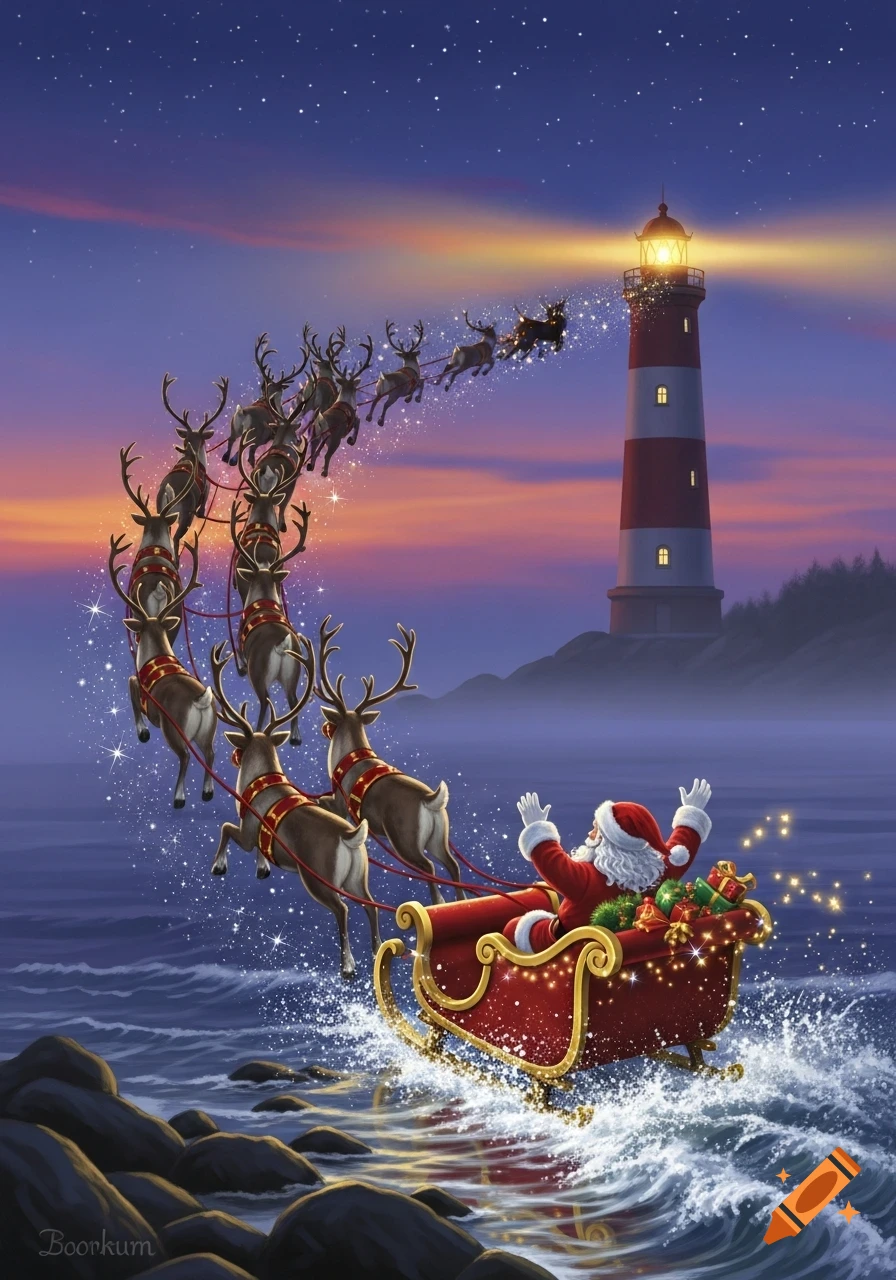 Santa Claus in a sleigh pulled by reindeer flies over a turbulent sea towards a red and white lighthouse at dusk.