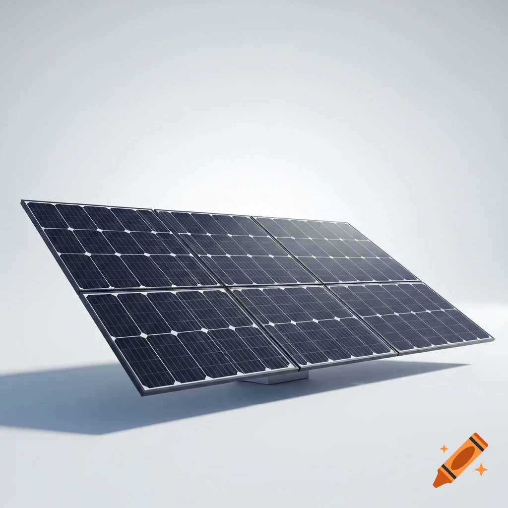 A dark navy blue solar panel, slightly tilted, on a white background with soft light gradients.