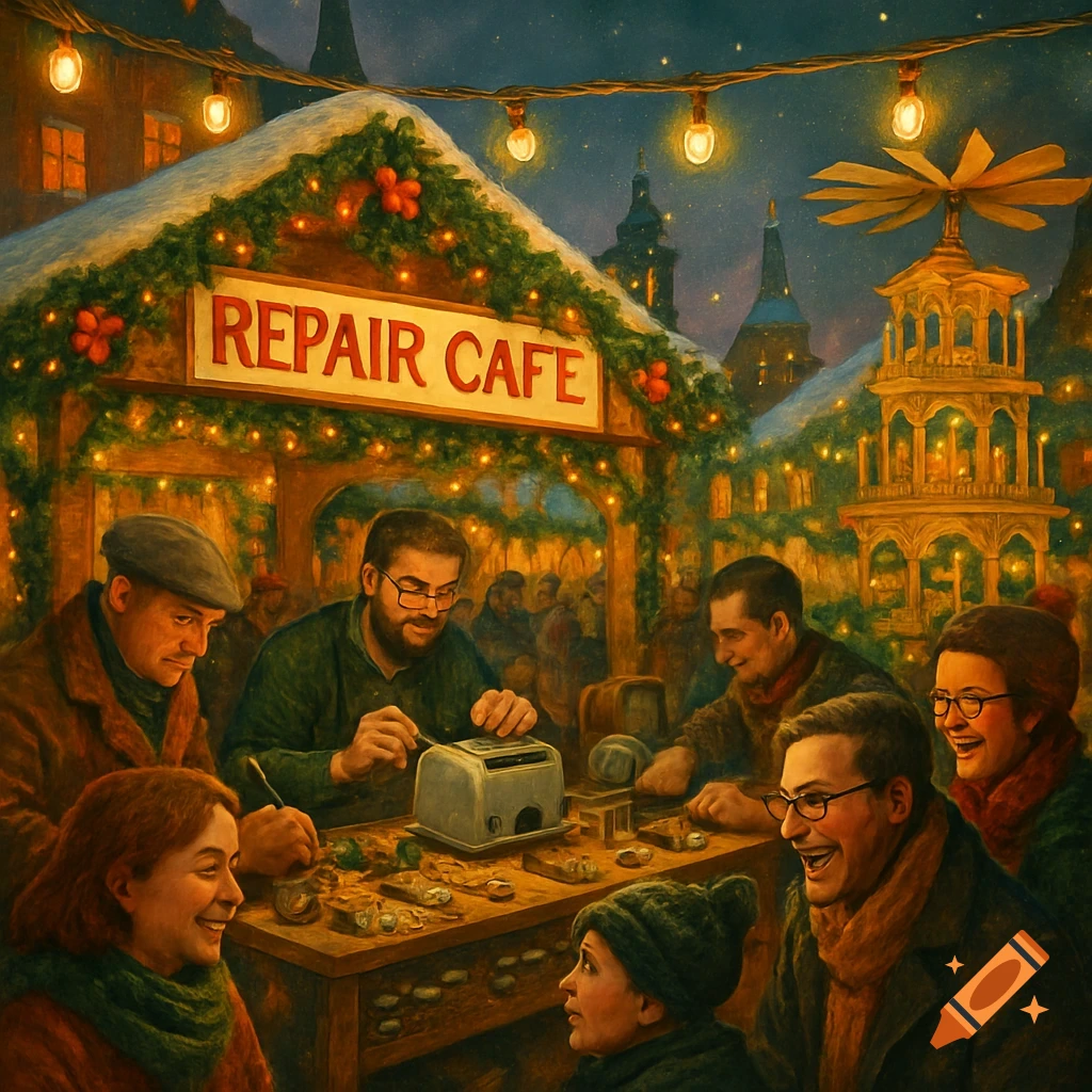 Painterly scene of people gathered at a festive 'Repair Cafe' stall in a bustling Christmas market, fixing household items.
