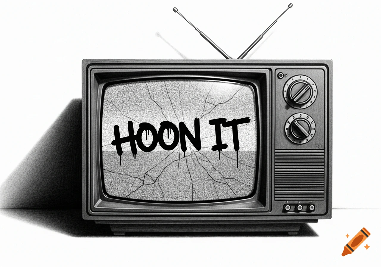 Black and white drawing of a retro television set with a cracked screen displaying the text 'HOON IT' in a graffiti-like font.