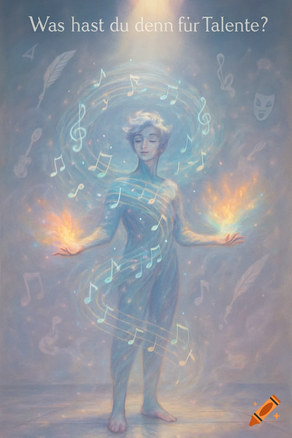 Ethereal figure with glowing hands, surrounded by musical notes and text 'Was hast du denn f r Talente?' above, in an artistic style.