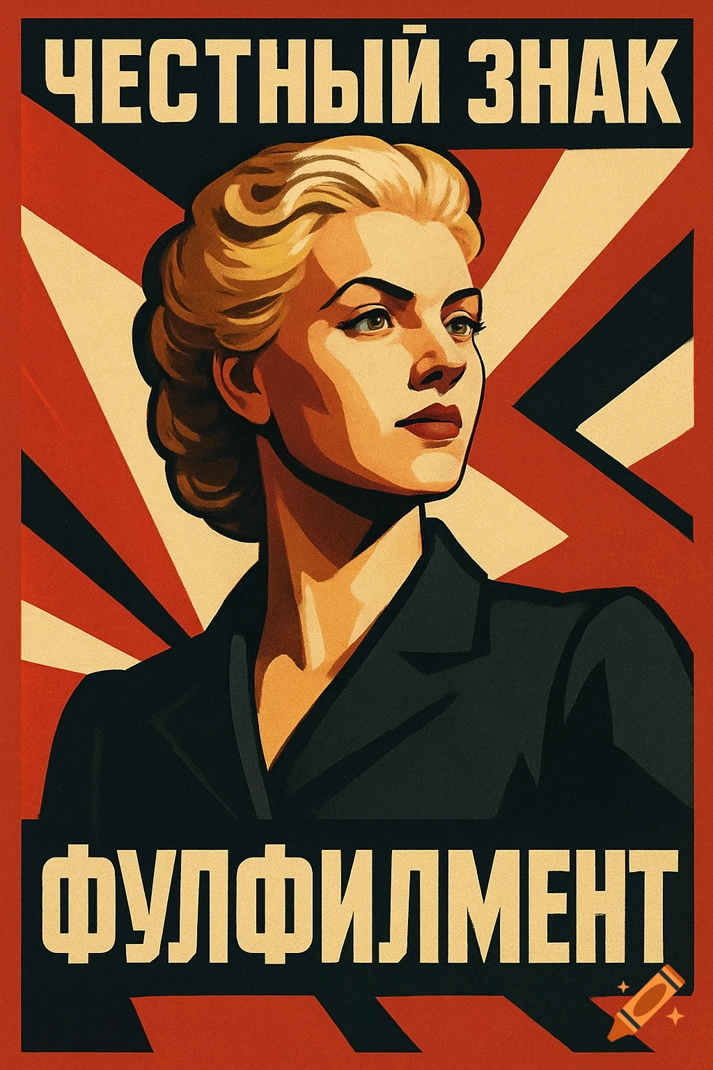 A woman in a Soviet propaganda poster style, looking right, with text 'Honest Mark' and 'Fulfillment'.