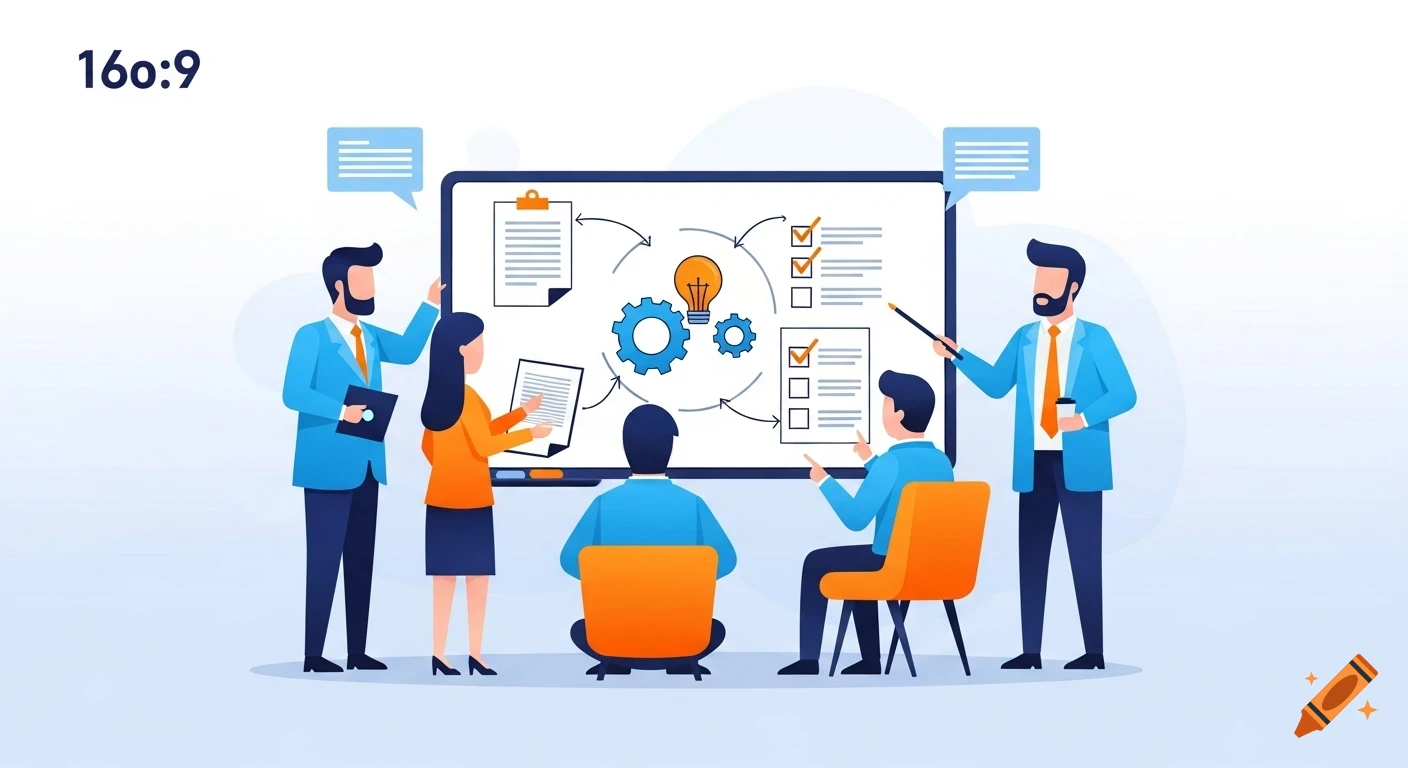 A flat design illustration of a diverse team collaborating around a whiteboard displaying gears, a lightbulb, and checklists.