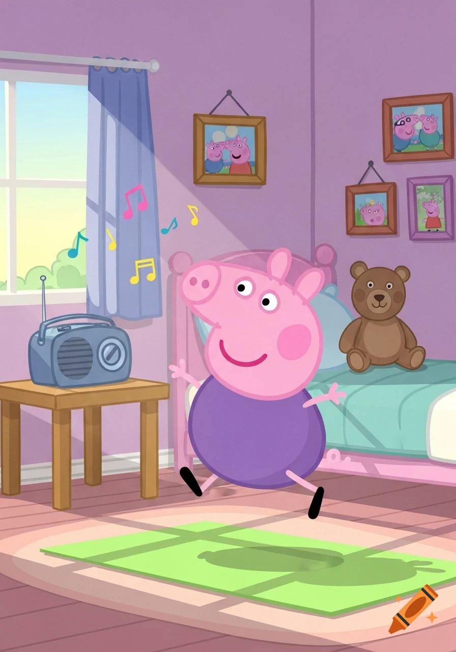 Peppa Pig jumps in her pink bedroom with a radio on a table and framed photos on the wall.