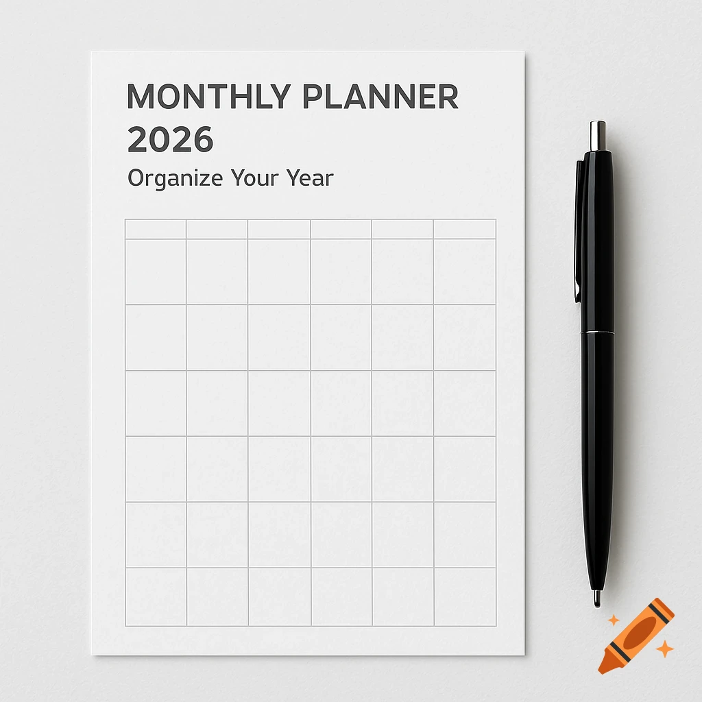 A white paper monthly planner for 2026 with 'Organize Your Year' text, next to a black pen on a light background.