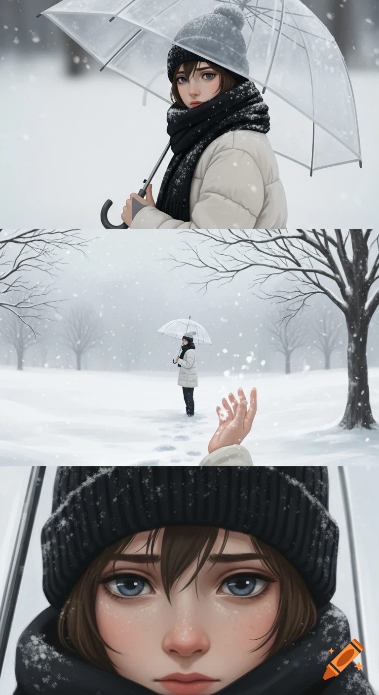Anime girl in winter clothes with a clear umbrella in a snowy park. Three panels: portrait, wide shot, and close-up of her melancholic face.