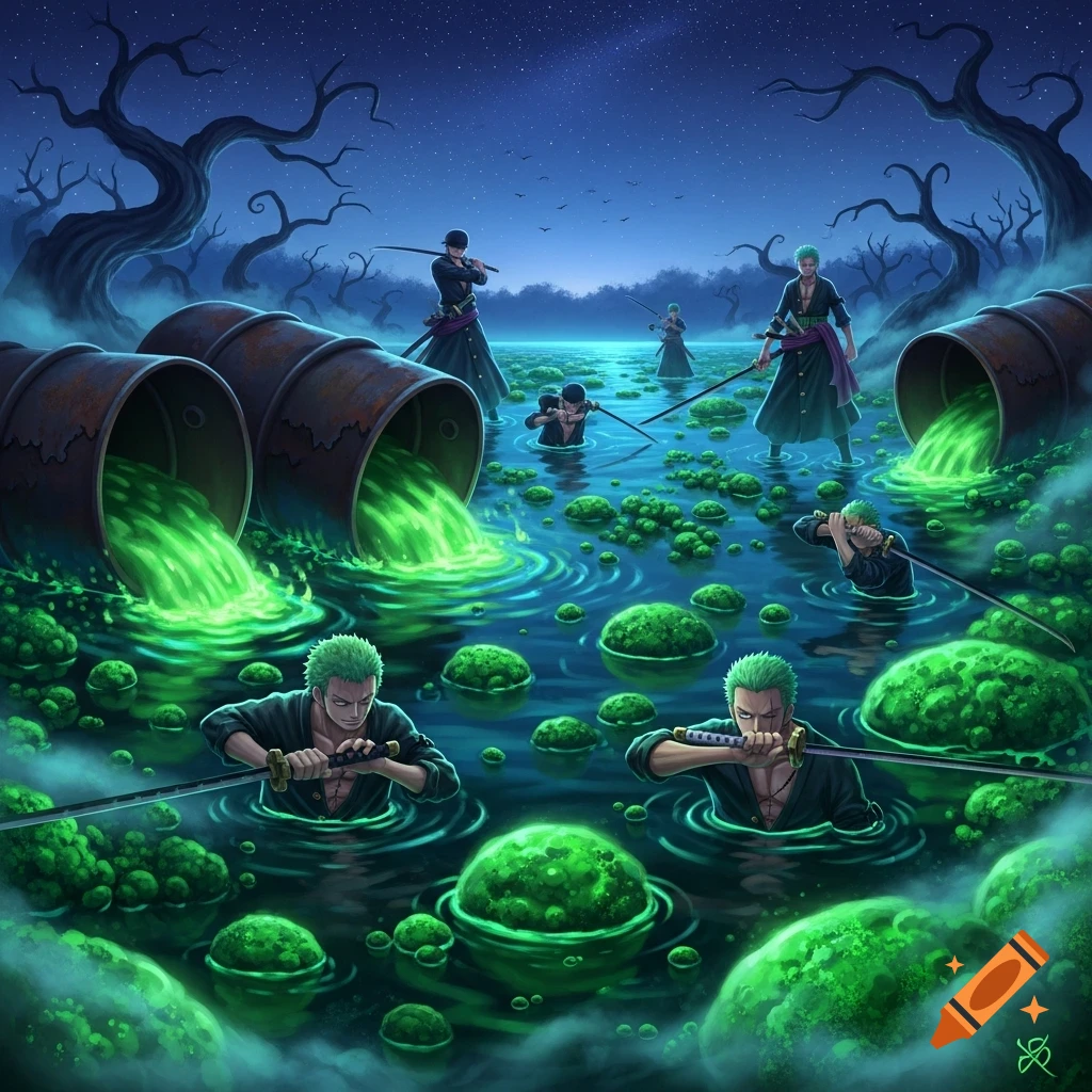 Multiple Roronoa Zoros stand in a moonlit, eerie lake with toxic green waste spilling from barrels and glowing green growths, surrounded by dead trees.