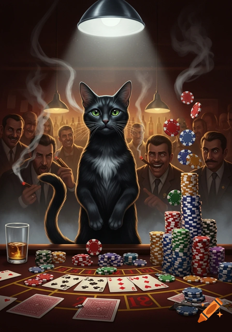 A serious black cat stands on a poker table surrounded by playing cards, poker chips, and a drink, while men smoke cigars in the blurry background.
