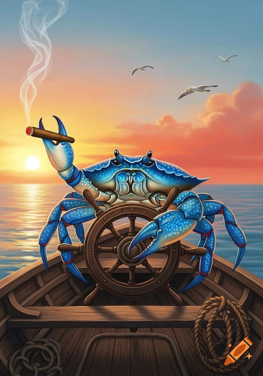 A stylized blue crab with a cigar stands at the helm of a wooden boat, steering with its claws, set against a vibrant ocean sunset.