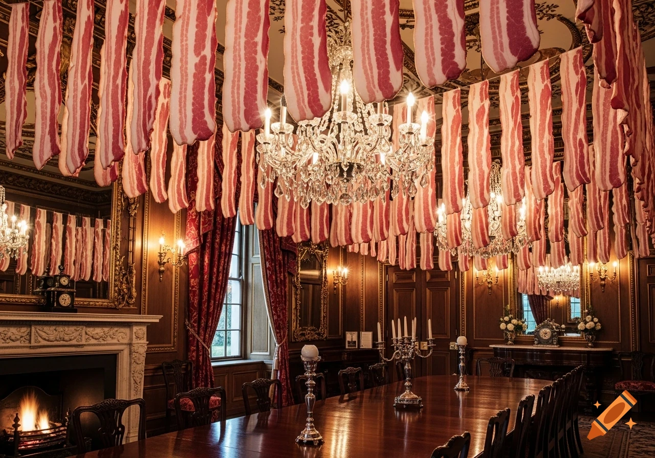 Raw bacon strips hang from the ornate ceiling of a grand, richly decorated dining room with chandeliers and a fireplace.