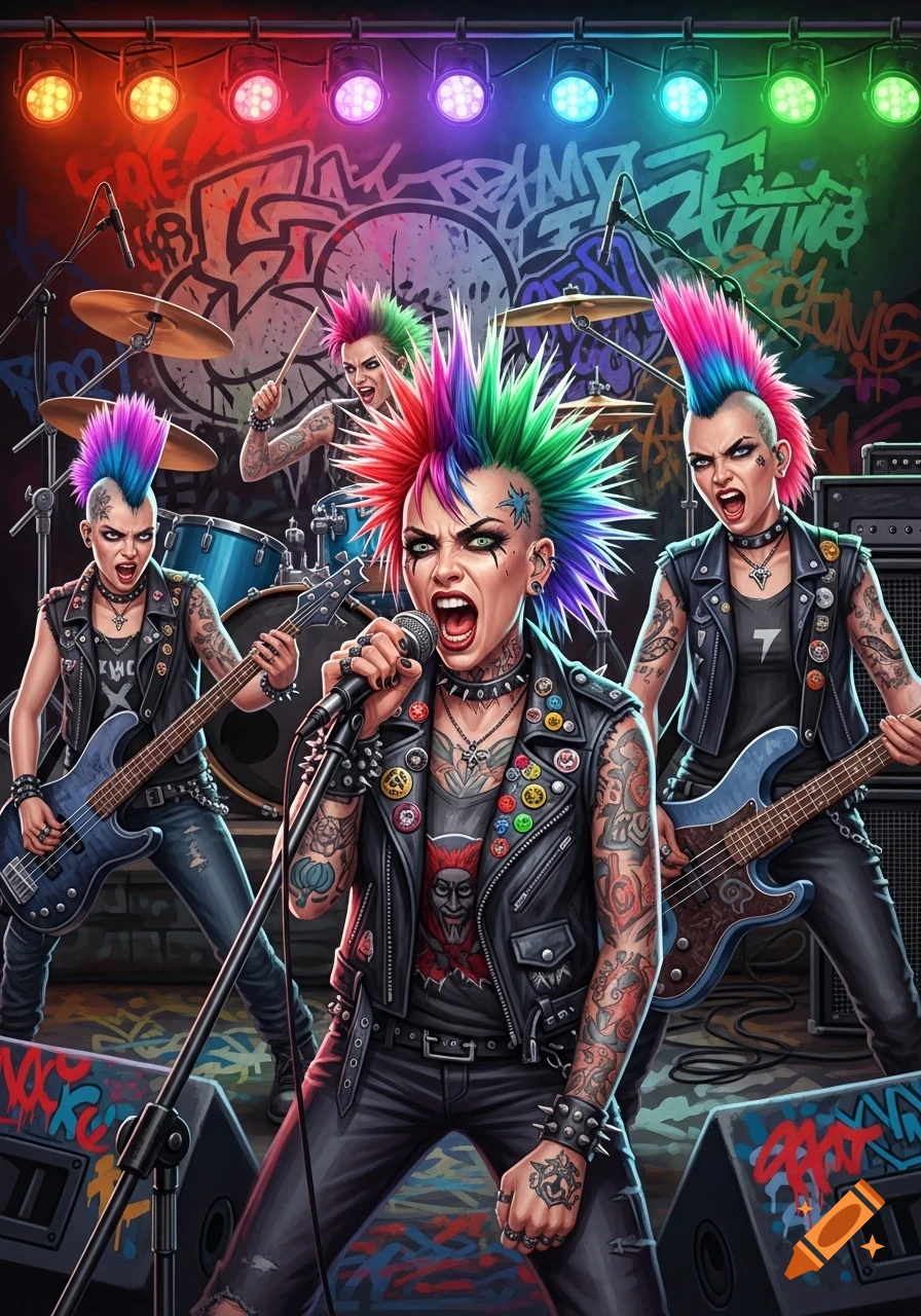 A vibrant female punk rock band with colorful mohawks performs on stage under spotlights, against a graffiti background.