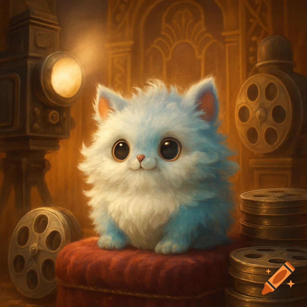 Fluffy light blue creature with big eyes sits on a red cushion, surrounded by vintage film equipment in a digital painting.