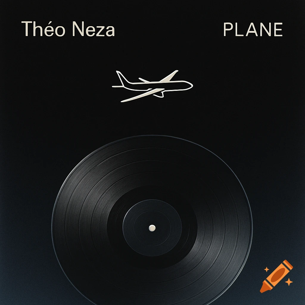 Minimalist album cover for 'Théo Neza - Plane', featuring a black background, white airplane outline, and a black vinyl record.