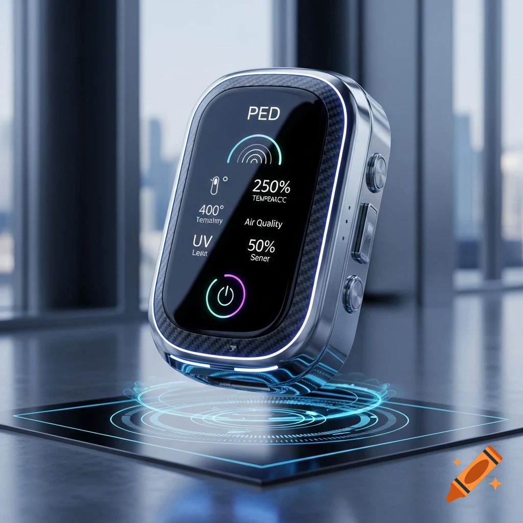 A sleek, metallic, futuristic device with a digital screen displaying "PED", "Air Quality 250%", and other data, illuminated by a blue glow, floating above a black surface with glowing blue rings.
