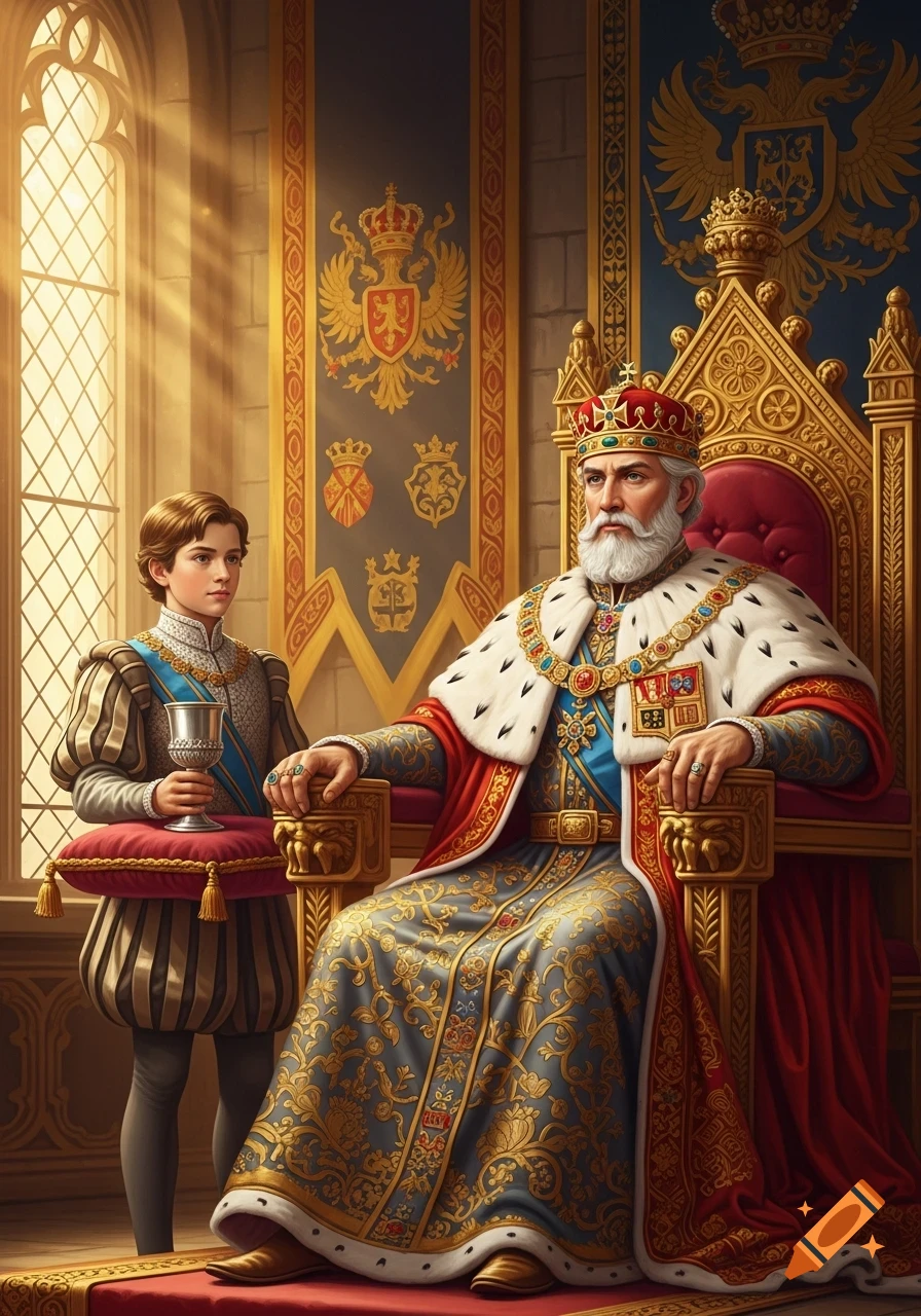 An elderly king in elaborate robes and crown sits on a golden throne ...