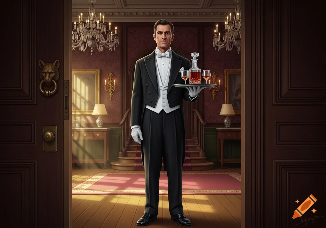 A dapper butler in a tuxedo holds a tray with a decanter and glasses, standing in the opulent entryway of a grand mansion.