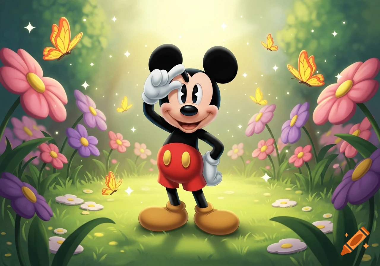 Mickey Mouse saluting in a vibrant, sparkling cartoon field of pink and purple flowers with yellow butterflies.