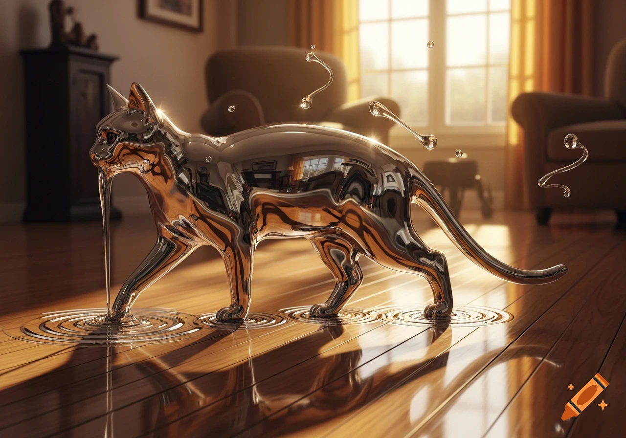 A gleaming liquid metal cat stands on a polished wooden floor, melting and dripping in a sunlit room.
