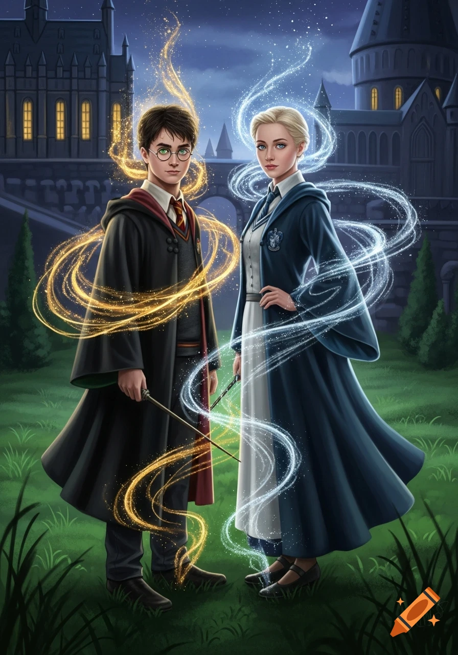 Harry Potter and Fleur Delacour stand before a castle at night, wands extended, surrounded by glowing gold and blue magic.