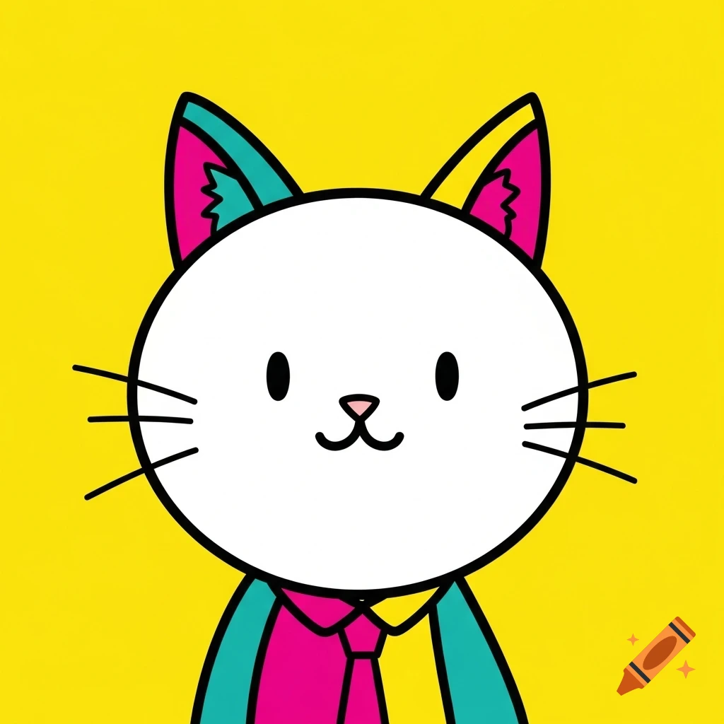 A simple, bright cartoon cat with a white face, pink and teal ears, wearing a pink and teal shirt, on a yellow background.