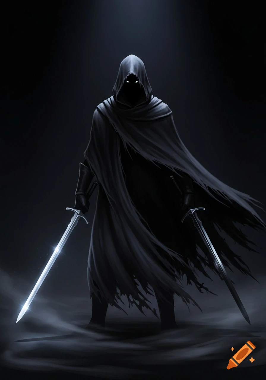 A shadowy hooded figure with glowing eyes stands holding two shimmering ...