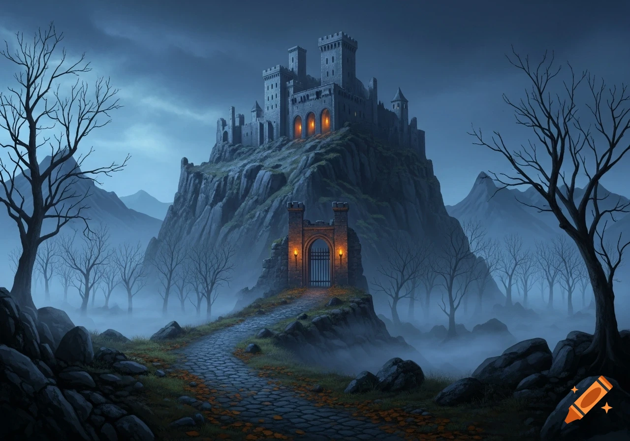 A dark, misty fantasy castle sits atop a rocky hill, illuminated by glowing archways, with a winding path and bare trees in the foreground.