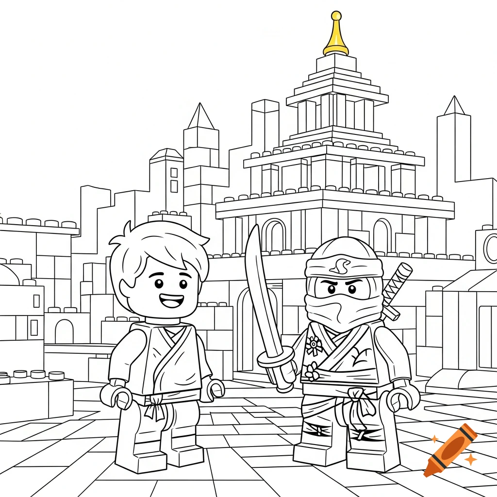 A black-and-white coloring page illustration of a boy and a ninja holding a sword, standing in a city made of building blocks, with a temple in the background. The ninja has a stylized 'S' on their headband.