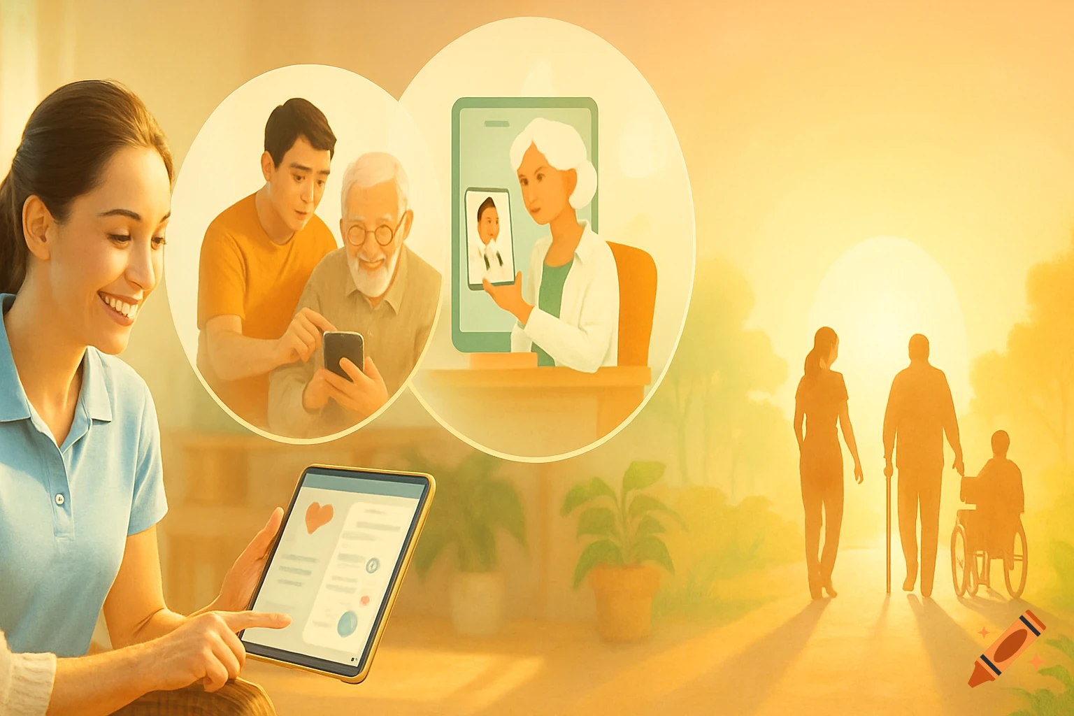 An illustration shows a smiling care worker with a tablet, depicting elder tech use, telehealth, and seniors walking towards a bright sunrise.