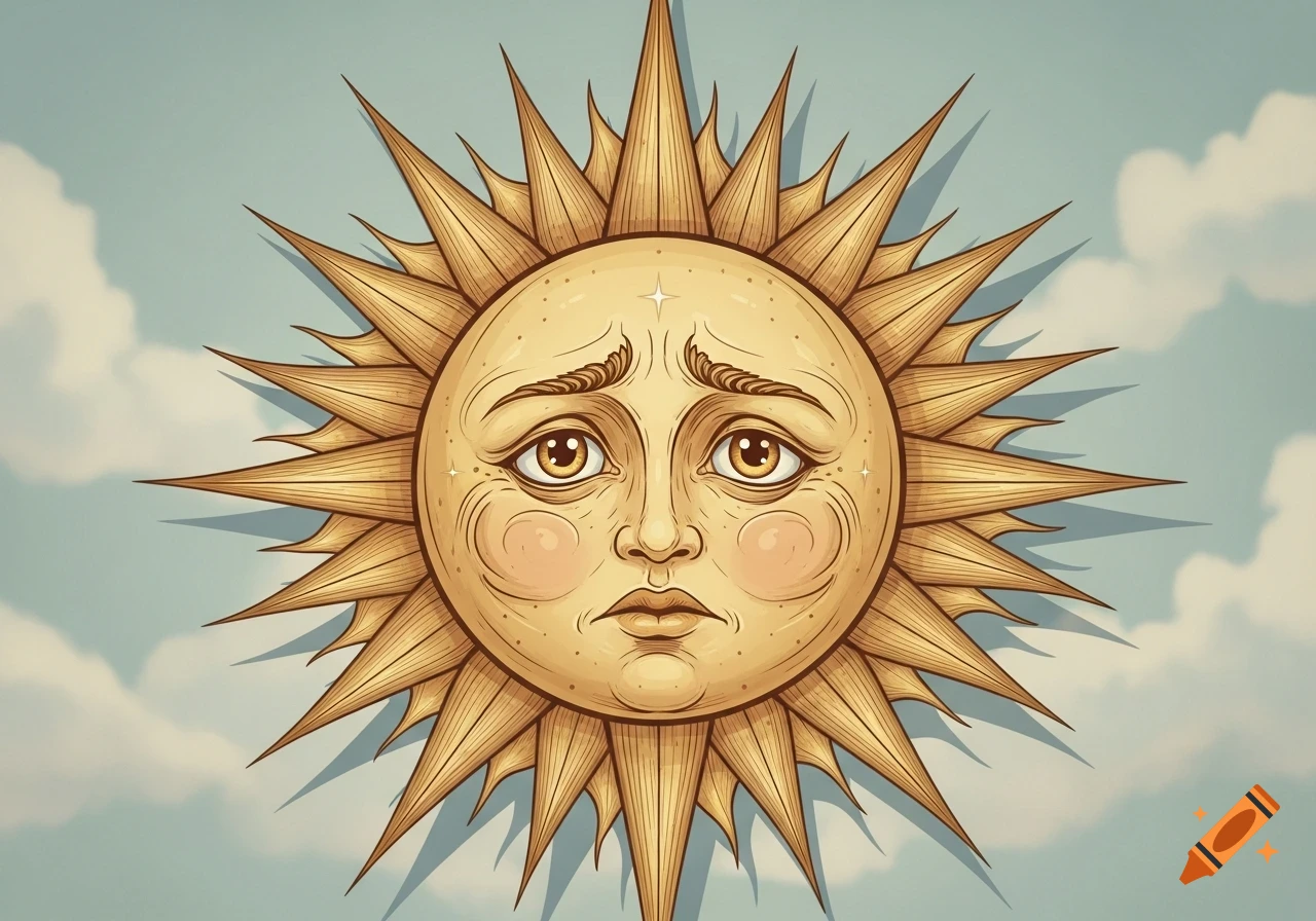 A stylized vintage sun illustration with a concerned expression, set against a blue sky with clouds.