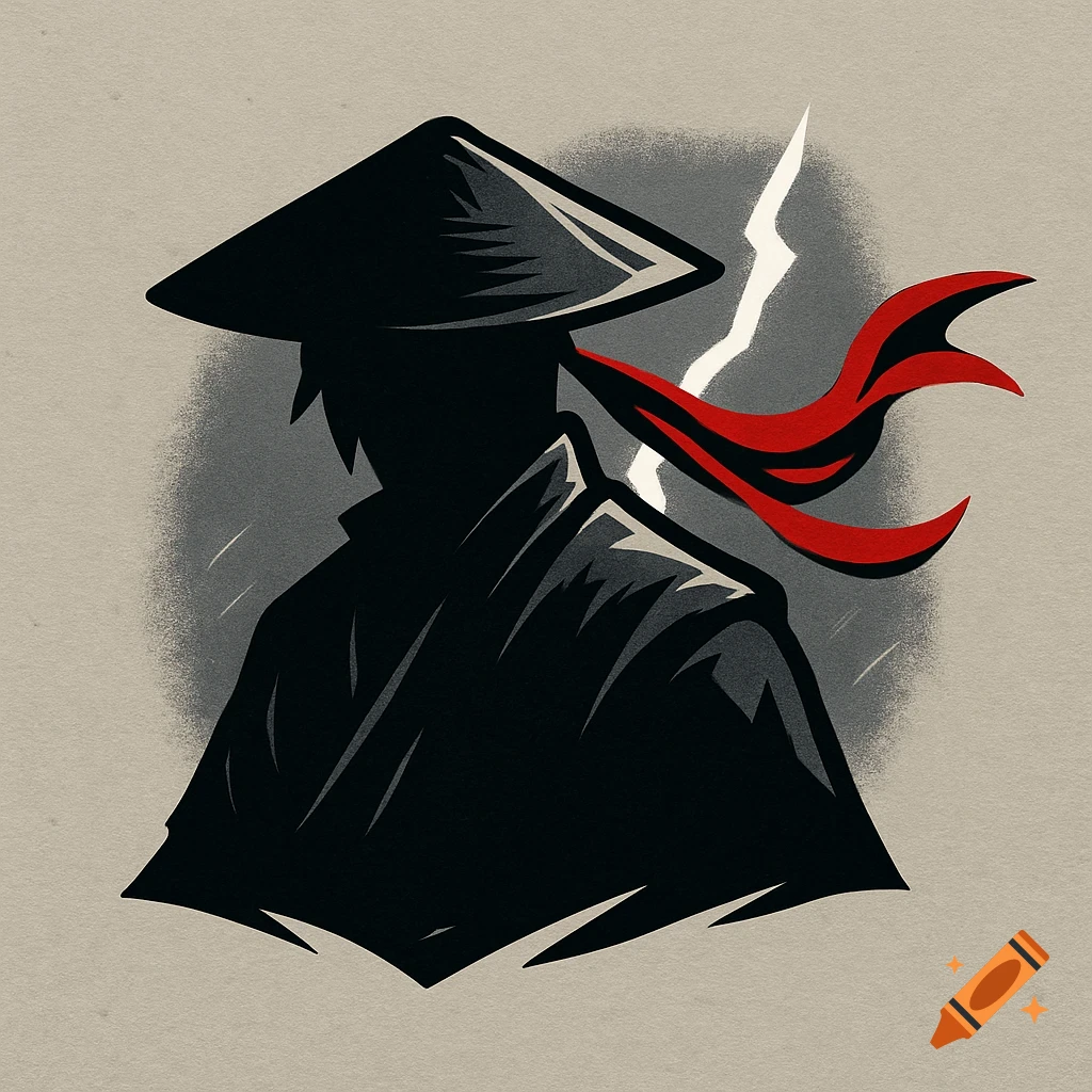 Stylized silhouette illustration of a samurai in a conical hat with a flowing red ribbon and a lightning bolt in the background.