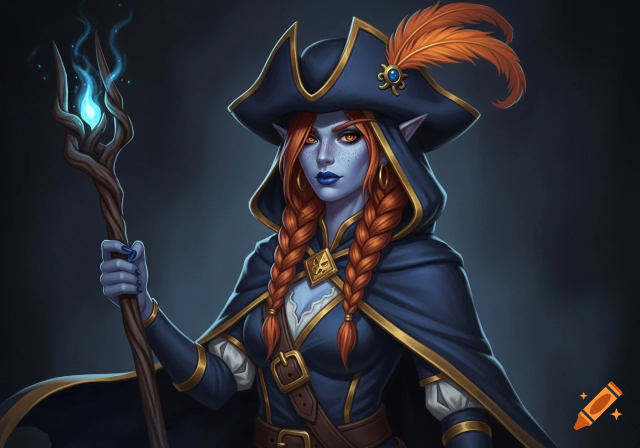 A stylized illustration of a blue-skinned dark elf sorceress with orange braided hair, wearing a pirate hat with a feather and holding a glowing staff.