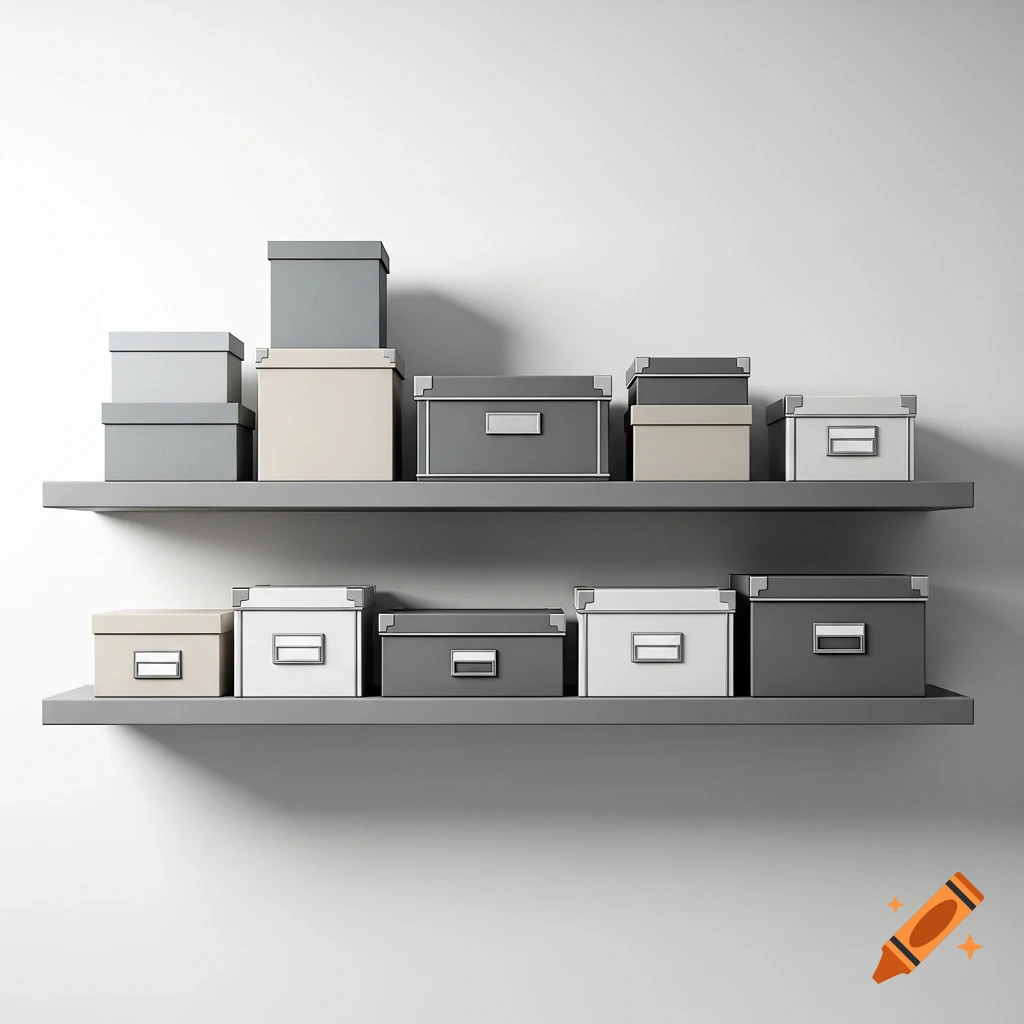Two grey shelves on a white wall filled with an assortment of minimalist grey, white, and beige storage boxes, some with label holders.