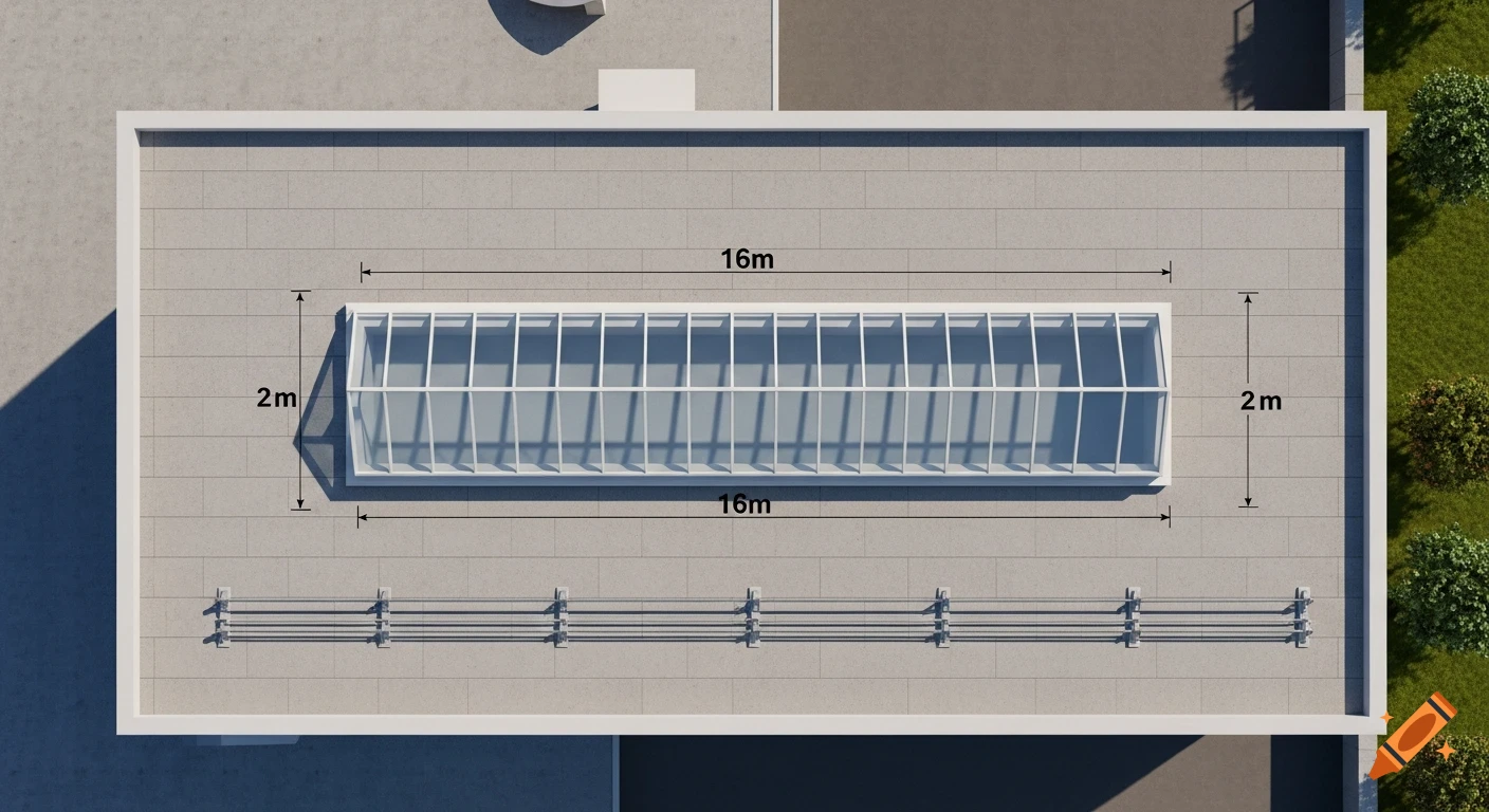 Overhead view of a flat roof with a long glass skylight and parallel safety lifelines, labeled with dimensions.