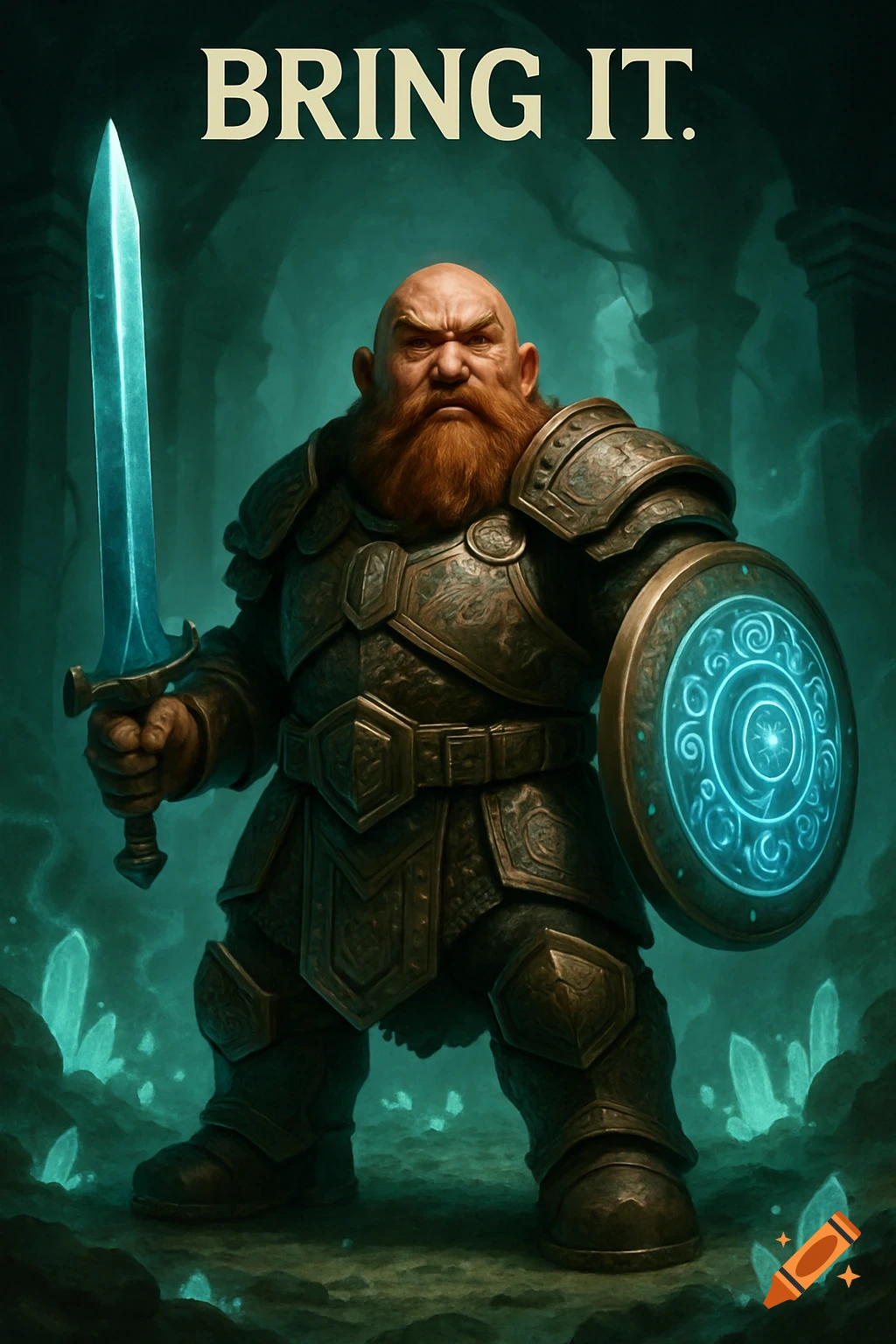 A fierce dwarven warrior in ornate armor, holding a glowing blue sword and shield, stands in a mystical cavern with glowing crystals. Text above reads "BRING IT.".