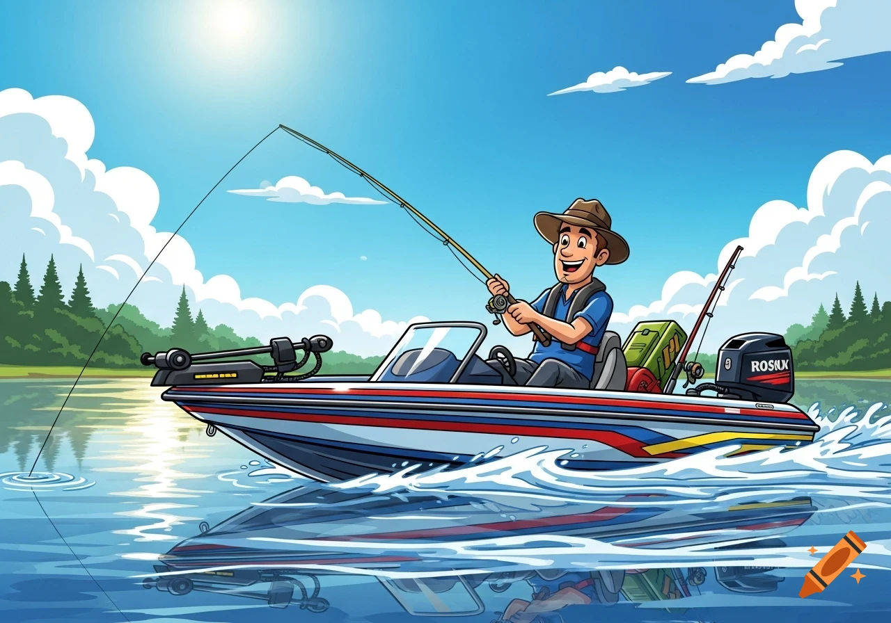 Cartoon man in a bass boat fishing on a sunny lake with trees in the background.